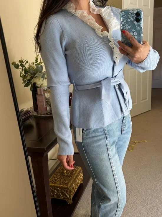 COMMENSE CASHMERE CARDIGAN KNIT LACE SWEATER BELT BLING RHINESTONE BUTTON S - Picture 10 of 11